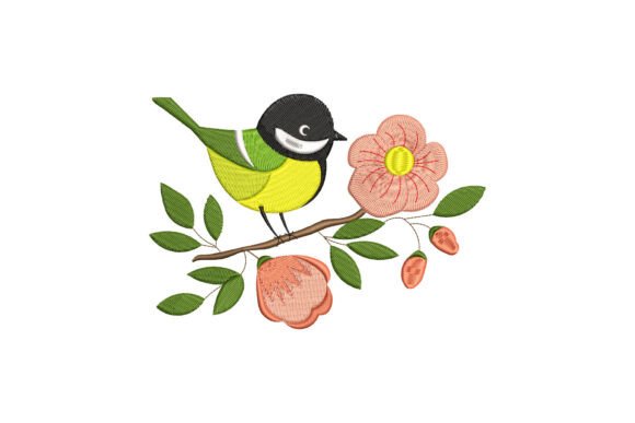 Bird Sitting Flowers Embroidery Design