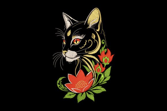 Cat with Red Flowers