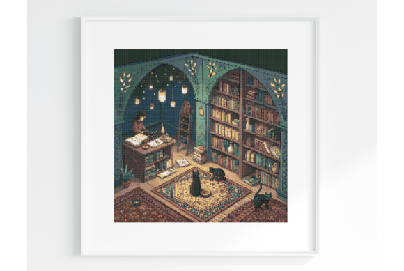 Cozy Bookshop Cat Cross Stitch Pattern